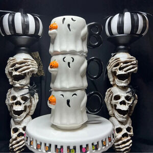 Goblin & Ghoul Ceramic Halloween Stacked BOO Ghost w/ Pumpkin Pal Coffee Mugs